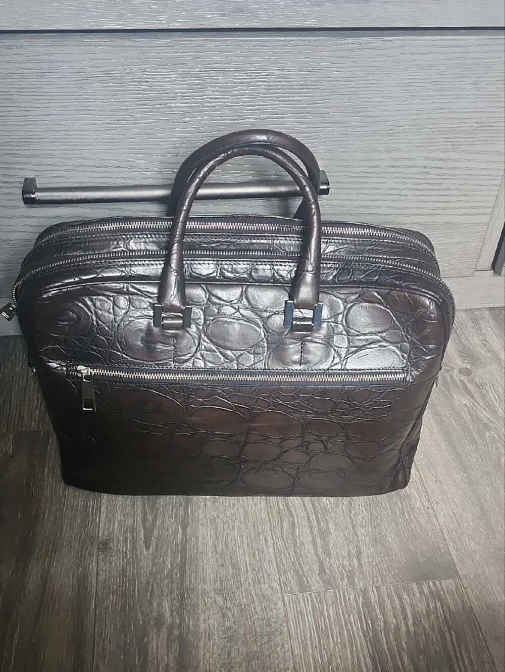 Croc-Embossed Leather Briefcase - Chocolate Brown